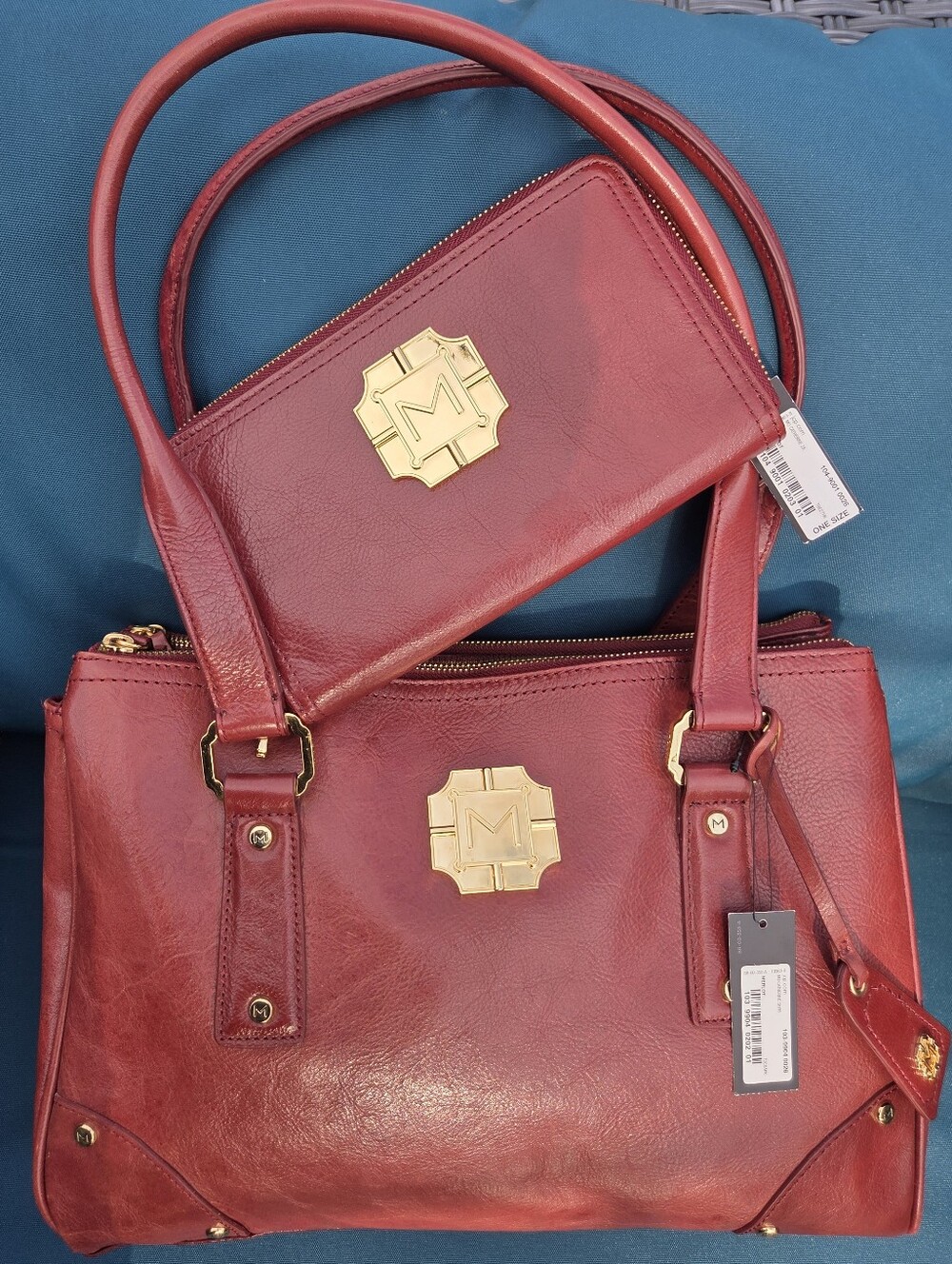 Monet Red Leather Tote with Matching Wallet and Gold Hardware